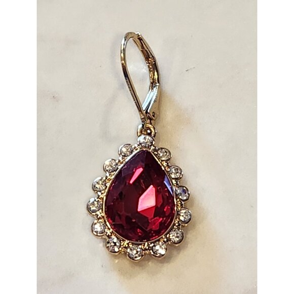 Napier Gold-Tone Leverback Earrings Red Teardrop Gemstone Clear Crystal Accents - Picture 4 of 5